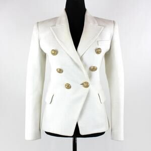 Balmain White Double Breasted Blazer 36 Woven Cotton Lion Gold Button Detail XS